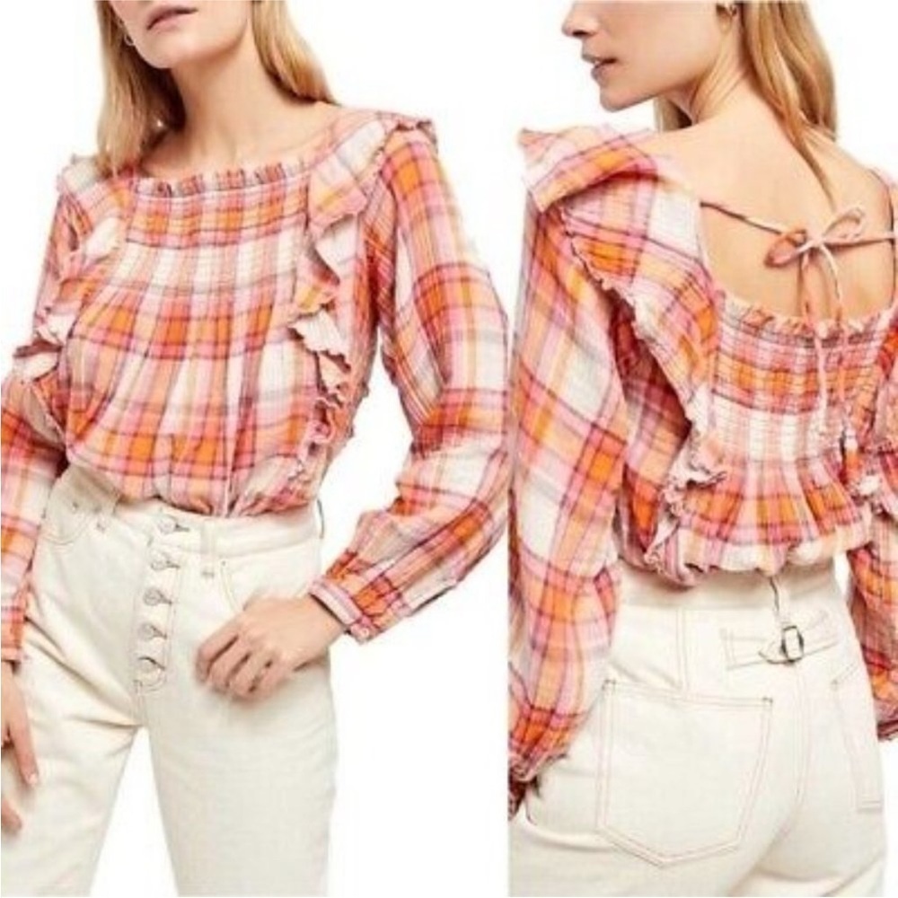 Free People Siena Plaid Pullover Top Shirt Tea Size XS